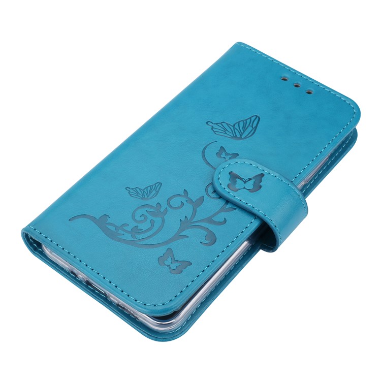 Imprint Butterfly Flowers Wallet Leather Stand Casing with Strap for Huawei P10 Lite - Blue-4