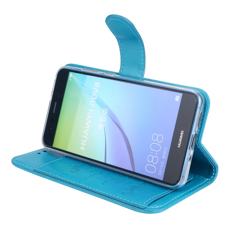 Imprint Butterfly Flowers Wallet Leather Stand Casing with Strap for Huawei P10 Lite - Blue-6