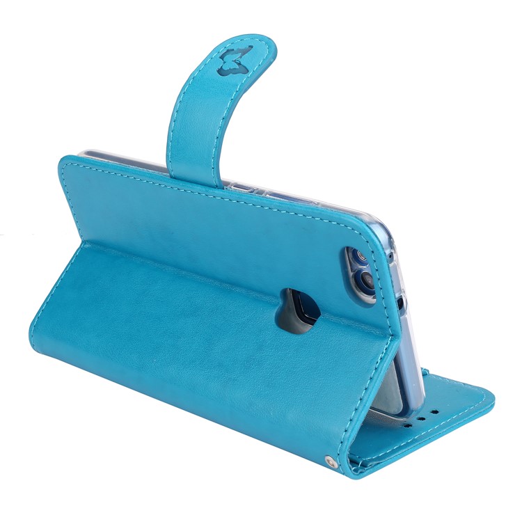 Imprint Butterfly Flowers Wallet Leather Stand Casing with Strap for Huawei P10 Lite - Blue-7