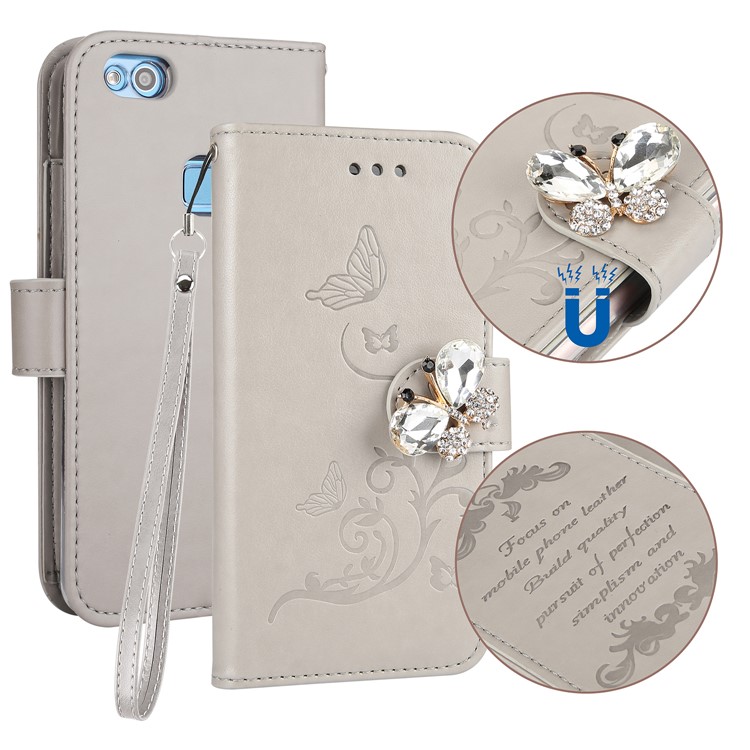 Rhinestone Imprint Butterfly Flower Wallet Stand Leather Case for Huawei P10 Lite - Grey-1