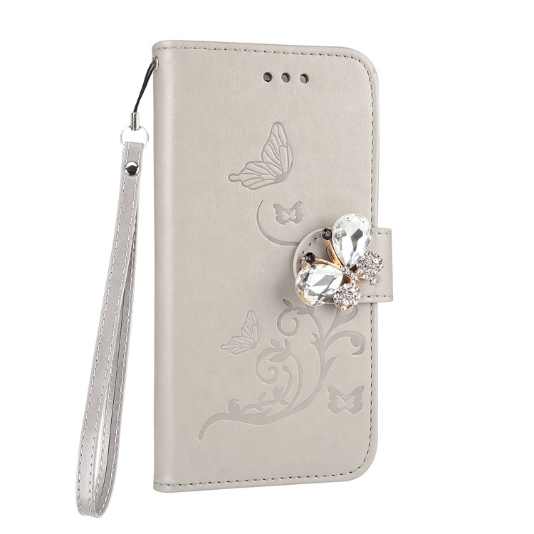 Rhinestone Imprint Butterfly Flower Wallet Stand Leather Case for Huawei P10 Lite - Grey-2
