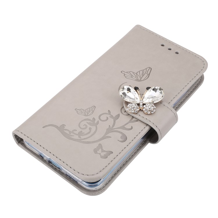 Rhinestone Imprint Butterfly Flower Wallet Stand Leather Case for Huawei P10 Lite - Grey-8