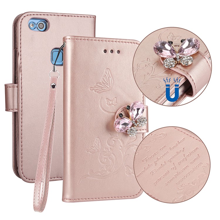 Rhinestone Imprint Butterfly Flower Wallet Stand Leather Cover for Huawei P10 Lite - Rose Gold-1