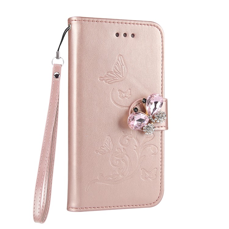 Rhinestone Imprint Butterfly Flower Wallet Stand Leather Cover for Huawei P10 Lite - Rose Gold-2