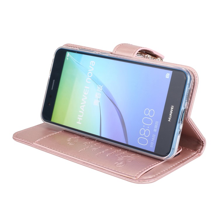 Rhinestone Imprint Butterfly Flower Wallet Stand Leather Cover for Huawei P10 Lite - Rose Gold-6