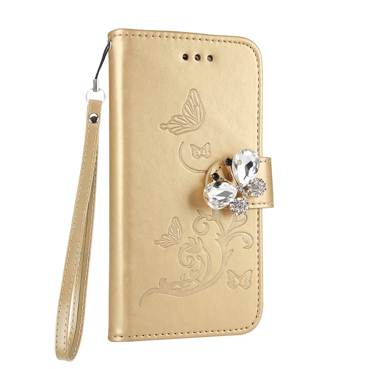 Rhinestone Imprint Butterfly Flower Wallet Stand Leather Shell for Huawei P10 Lite - Gold-2