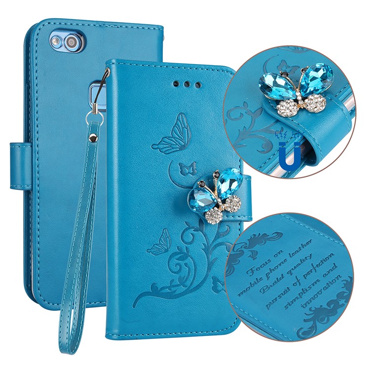 Rhinestone Imprint Butterfly Flower Wallet Stand Leather Casing for Huawei P10 Lite - Blue-1