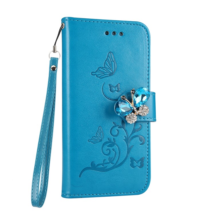 Rhinestone Imprint Butterfly Flower Wallet Stand Leather Casing for Huawei P10 Lite - Blue-2