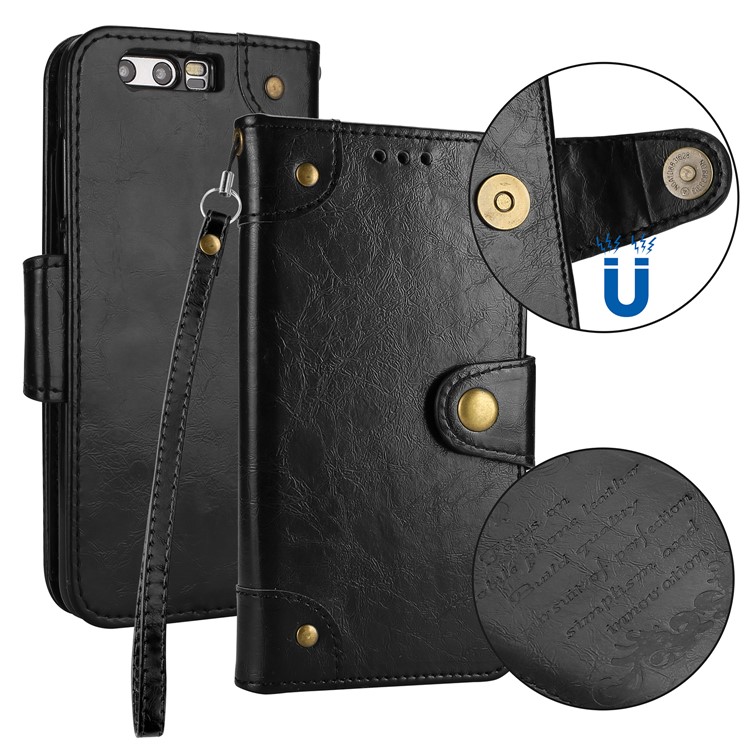 Oil Wax PU Leather Wallet Flip Stand Mobile Phone Cover for Huawei Honor 9 - Black-1