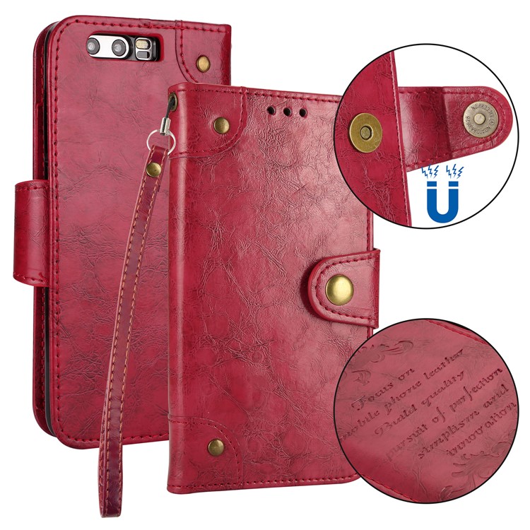 Oil Wax PU Leather Wallet Flip Stand Mobile Phone Case for Huawei Honor 9 - Red-1