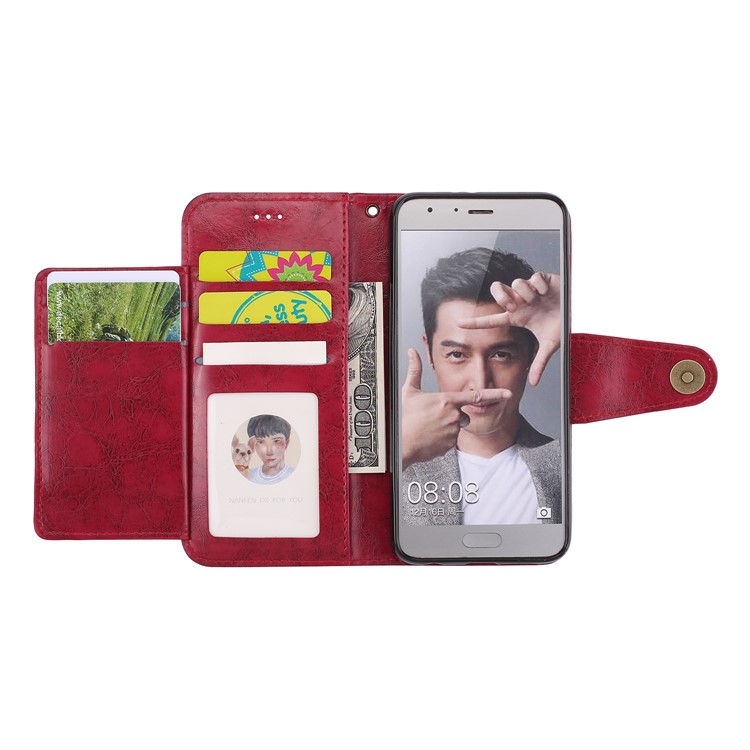 Oil Wax PU Leather Wallet Flip Stand Mobile Phone Case for Huawei Honor 9 - Red-8