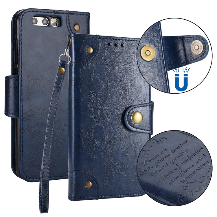 Oil Wax PU Leather Wallet Flip Stand Mobile Phone Shell for Huawei Honor 9 - Blue-1