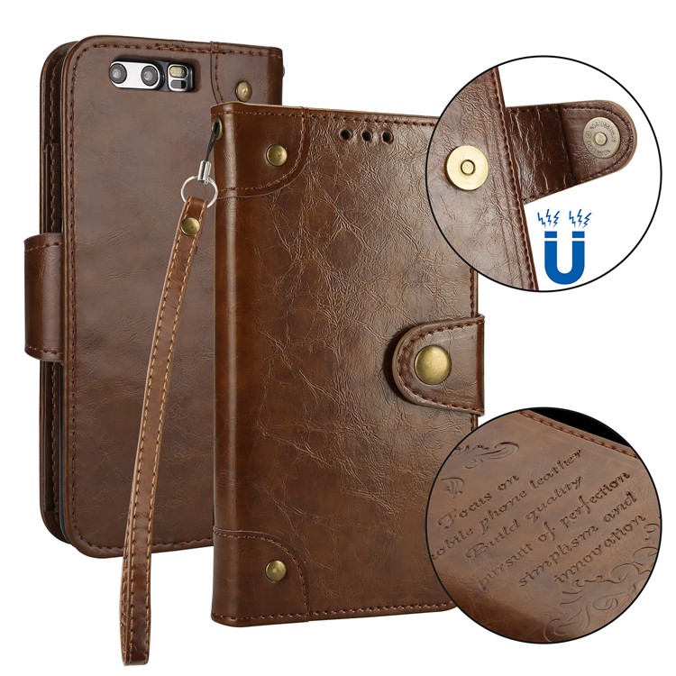 Oil Wax PU Leather Wallet Flip Stand Protective Case for Huawei Honor 9 - Brown-1