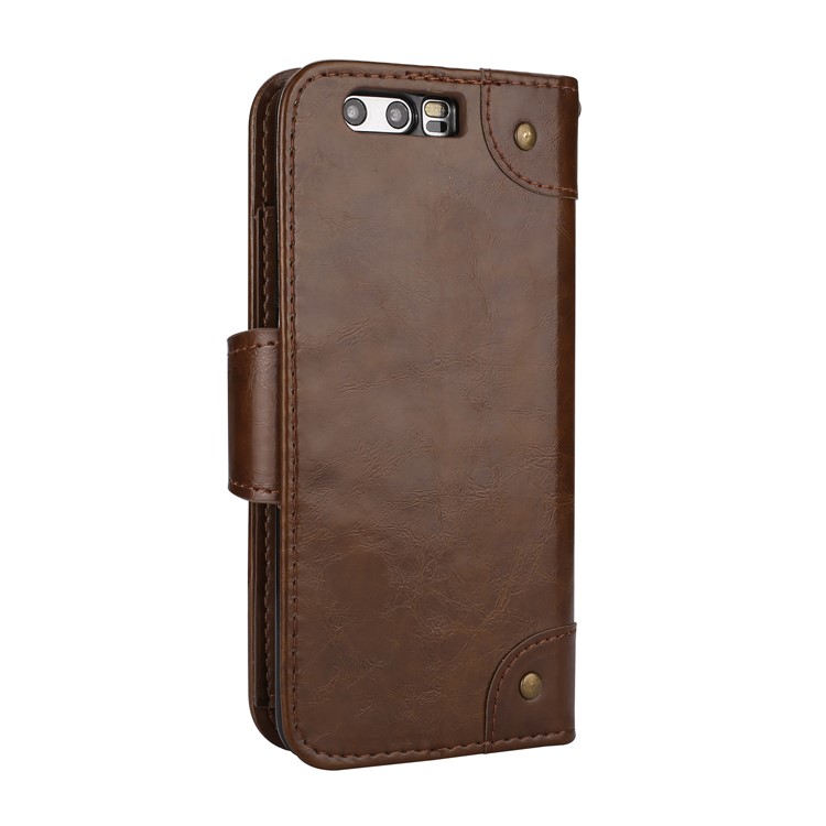 Oil Wax PU Leather Wallet Flip Stand Protective Case for Huawei Honor 9 - Brown-3