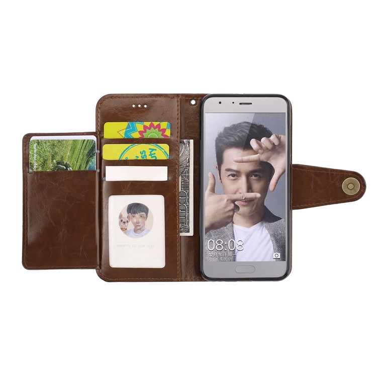 Oil Wax PU Leather Wallet Flip Stand Protective Case for Huawei Honor 9 - Brown-8