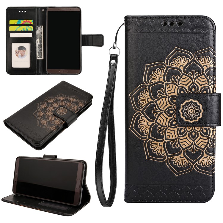 For Huawei Mate 10 Imprinted Mandala Pattern Leather Wallet Mobile Protection Casing - Black-1