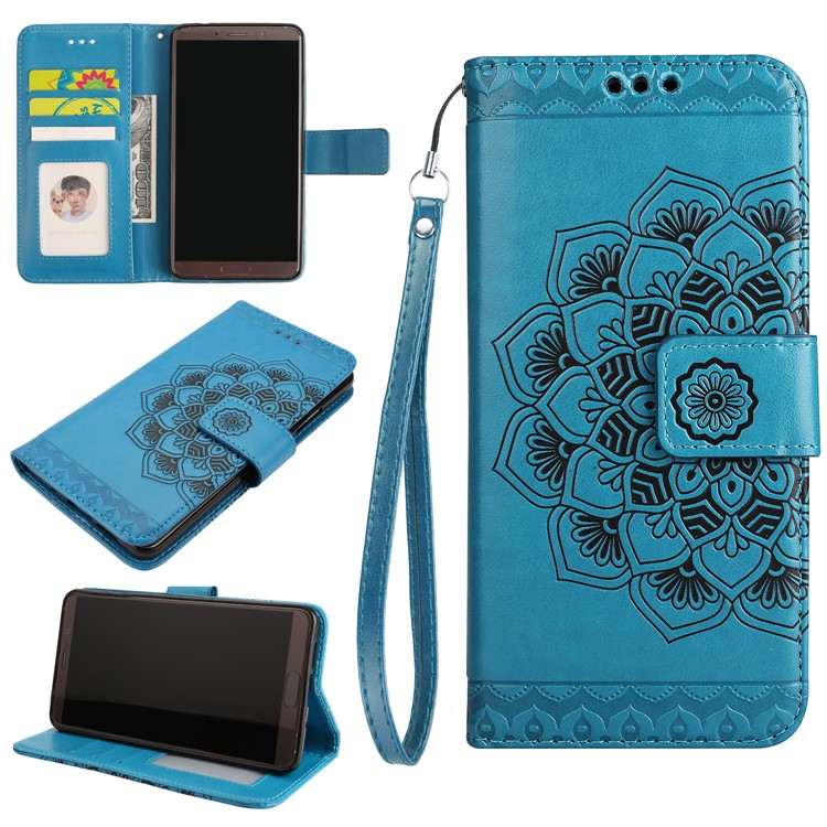 For Huawei Mate 10 Imprinted Mandala Pattern Leather Wallet Mobile Protection Casing Cover - Blue-1