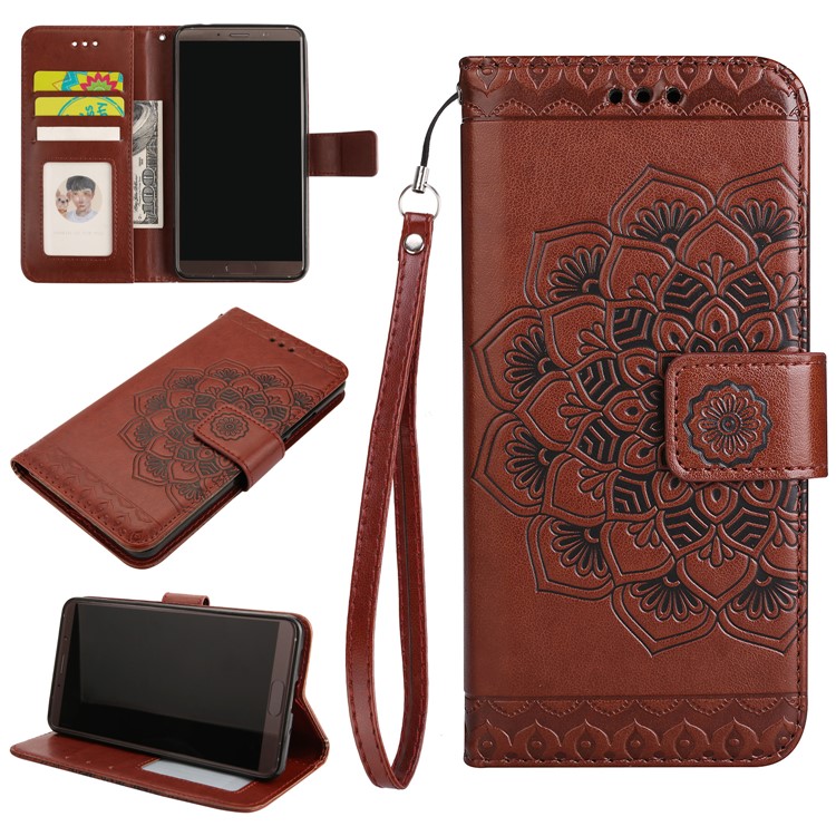 For Huawei Mate 10 Imprinted Mandala Pattern Leather Wallet Mobile Protection Shell - Brown-1