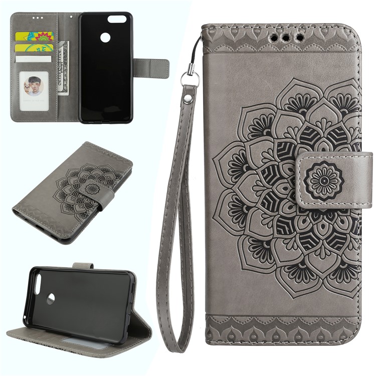 Imprinted Mandala Pattern PU Leather Wallet Cover with Stand for Huawei Honor 7X - Grey-1