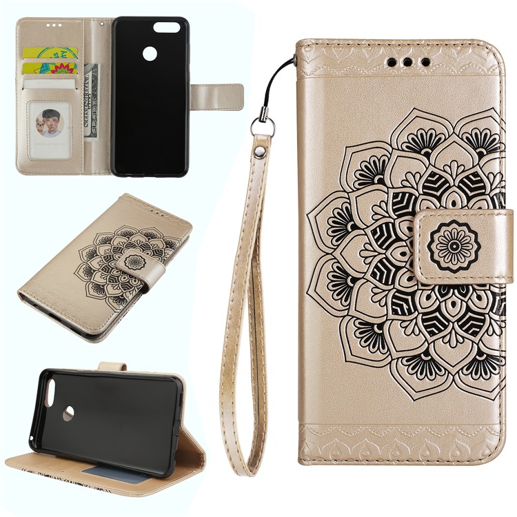 Imprinted Mandala Pattern Wallet Leather Stand Shell for Huawei Honor 7X - Gold-1