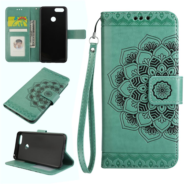 Imprinted Mandala Pattern Card Holder Leather Phone Casing for Huawei Honor 7X - Green-1