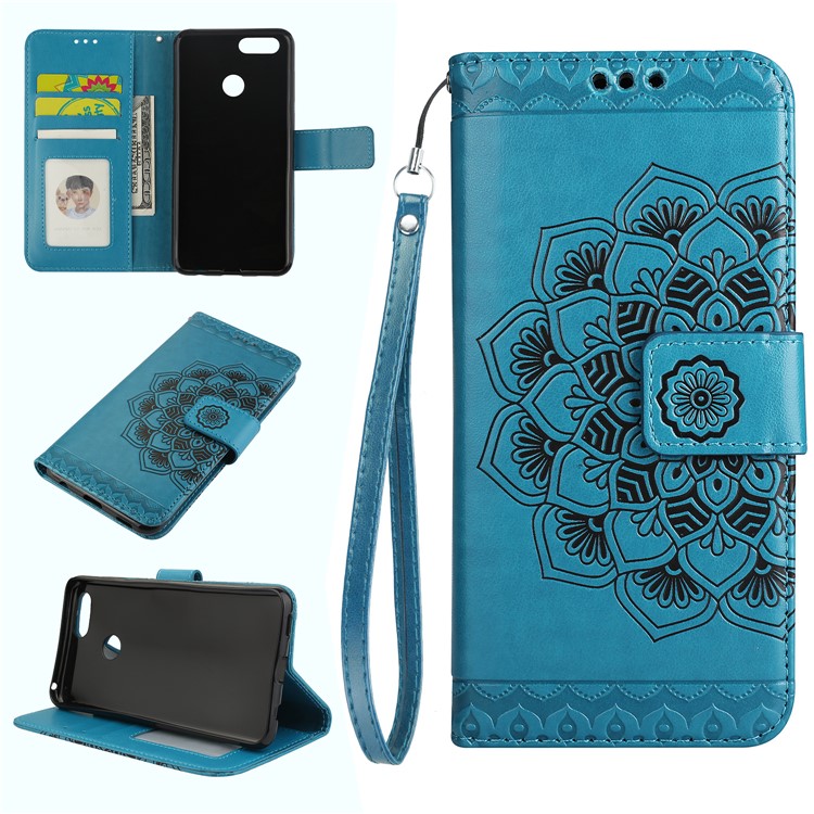 Imprinted Mandala Pattern Stand Wallet Leather Mobile Phone Cover Shell for Huawei Honor 7X - Blue-1