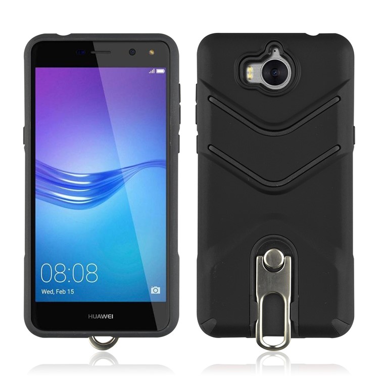 ANGIBABE Matte TPU PC Hybrid Case with Metal Kickstand for Huawei Y6 (2017) / Y5 (2017) - Black-1