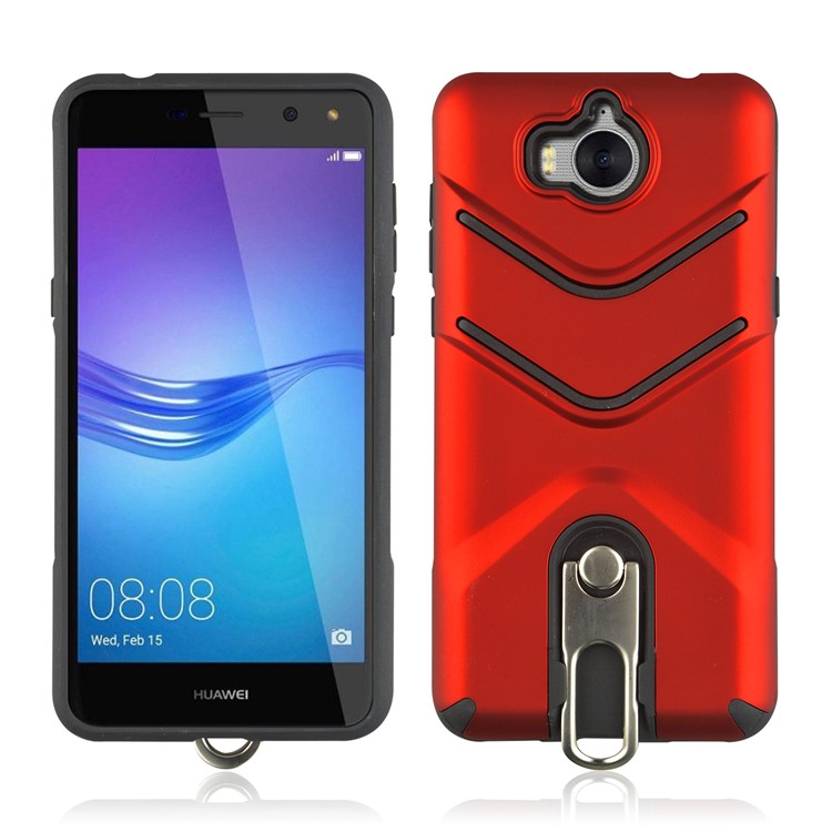 ANGIBABE Matte TPU PC Hybrid Shell with Metal Kickstand for Huawei Y6 (2017) / Y5 (2017) - Red-1