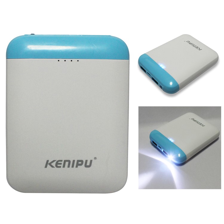 KENIPU Portable Dual USB 6000mAh Power Bank with LED Light for iPhone Samsung Huawei - White + Blue-1