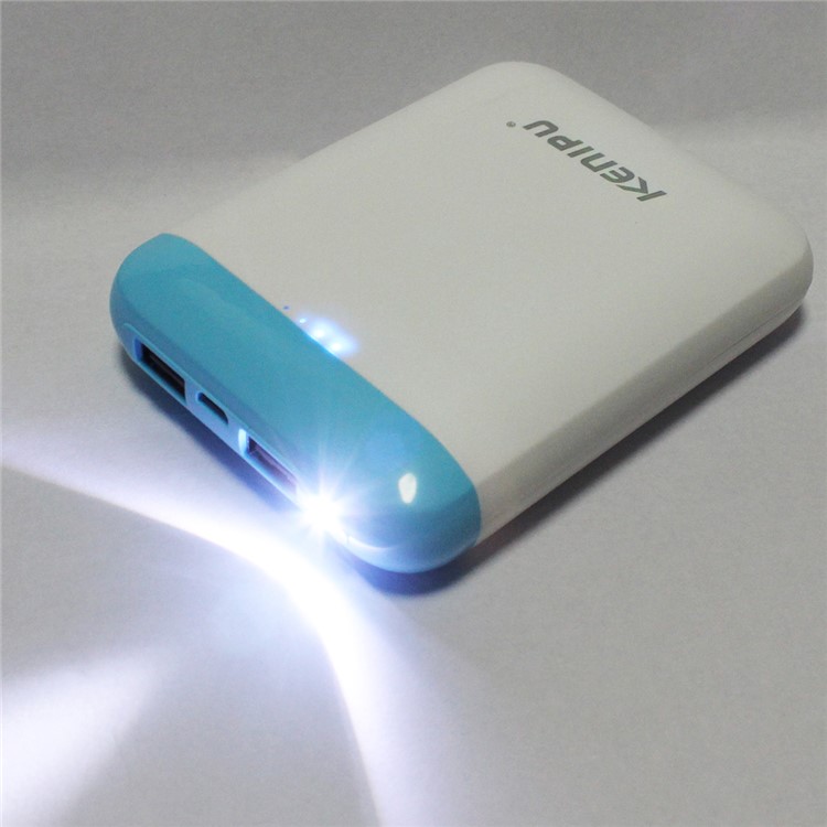 KENIPU Portable Dual USB 6000mAh Power Bank with LED Light for iPhone Samsung Huawei - White + Blue-6
