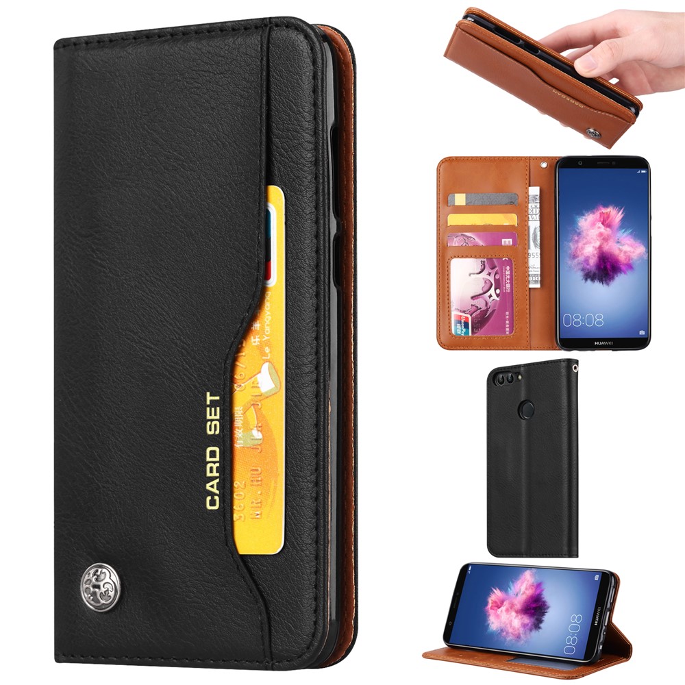 PU Leather Wallet Stand Case Cover for Huawei P Smart / Enjoy 7S - Black-1