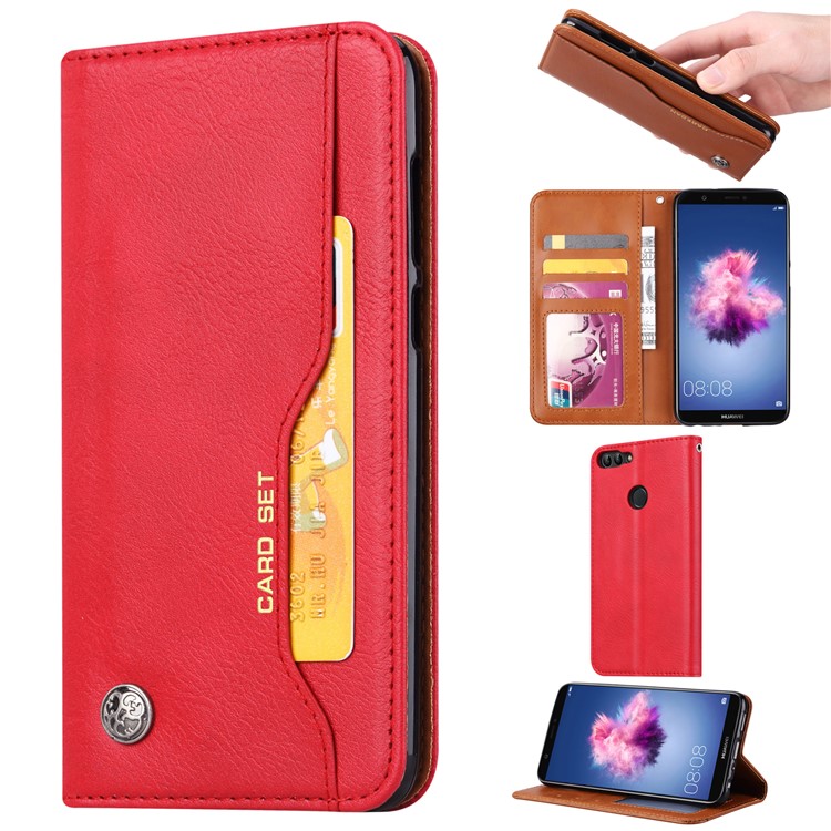 PU Leather Wallet Stand Cover for Huawei P Smart / Enjoy 7S - Red-1