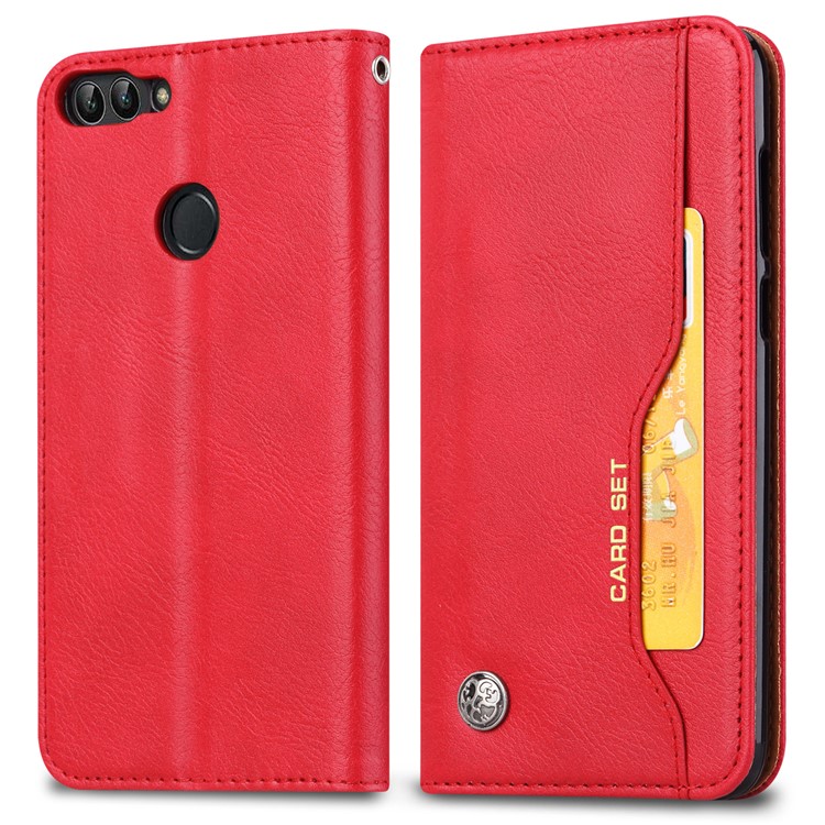 PU Leather Wallet Stand Cover for Huawei P Smart / Enjoy 7S - Red-2