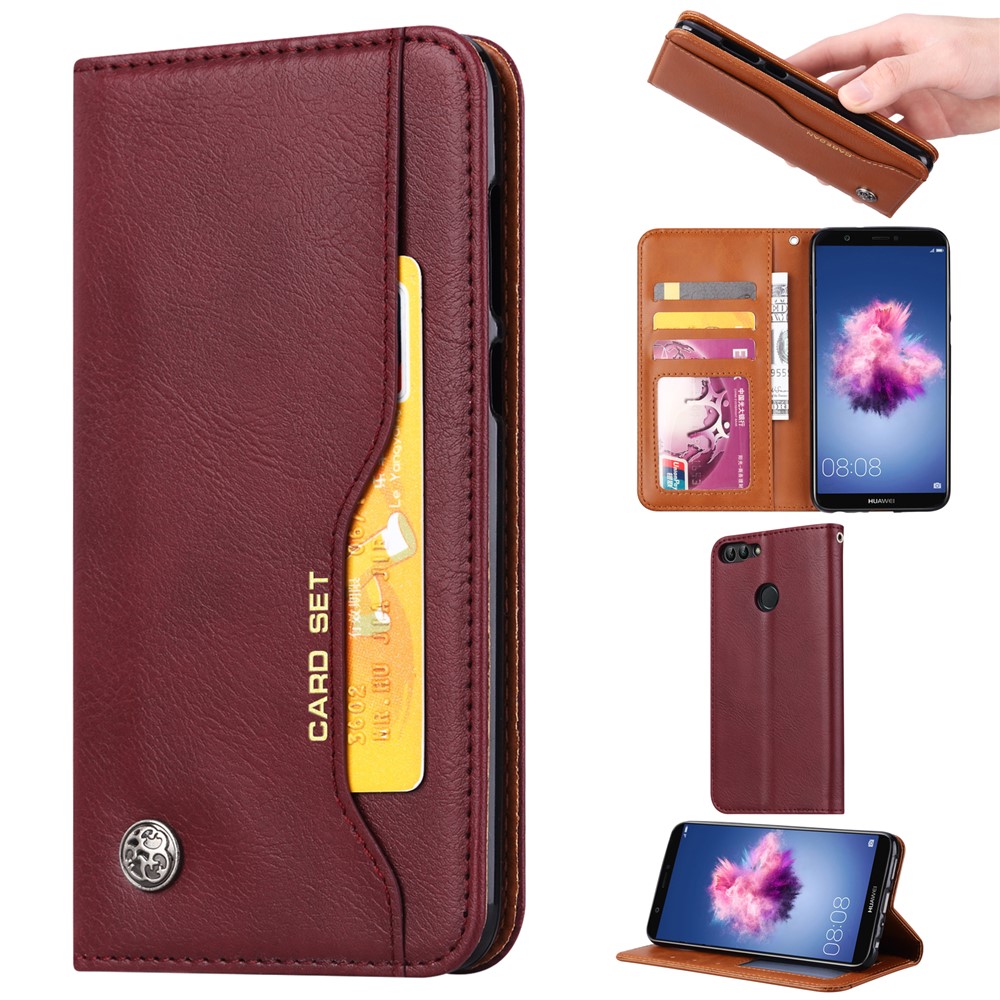 PU Leather Wallet Stand Case for Huawei P Smart / Enjoy 7S - Wine Red-1