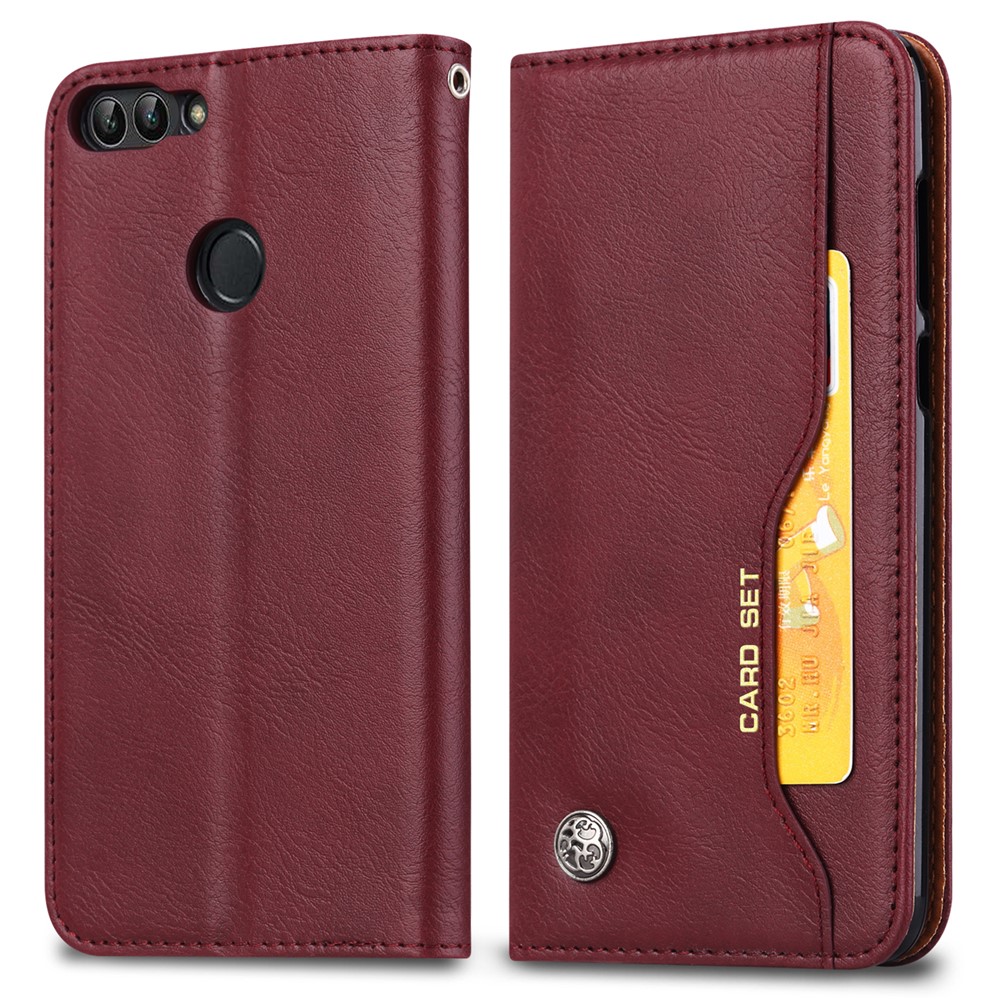 PU Leather Wallet Stand Case for Huawei P Smart / Enjoy 7S - Wine Red-2