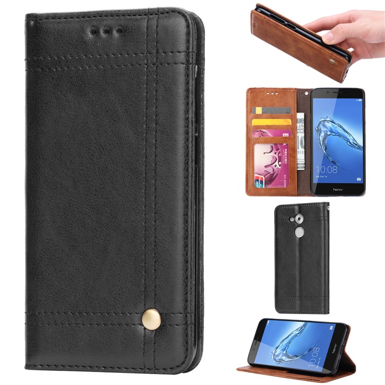 Vintage Leather Stitching Stand Wallet Phone Case with Magnetic Adsorption for Huawei Honor 6C Pro/V9 Play - Black-1