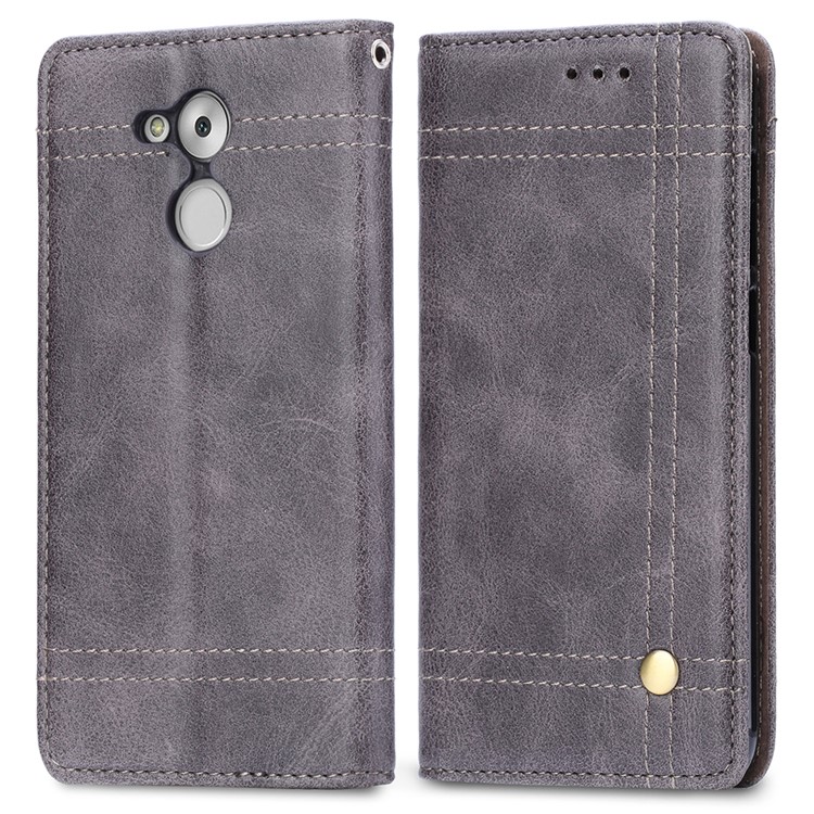 Vintage Leather Stitching Stand Wallet Phone Cover with Magnetic Adsorption for Huawei Honor 6C Pro/V9 Play - Grey-2