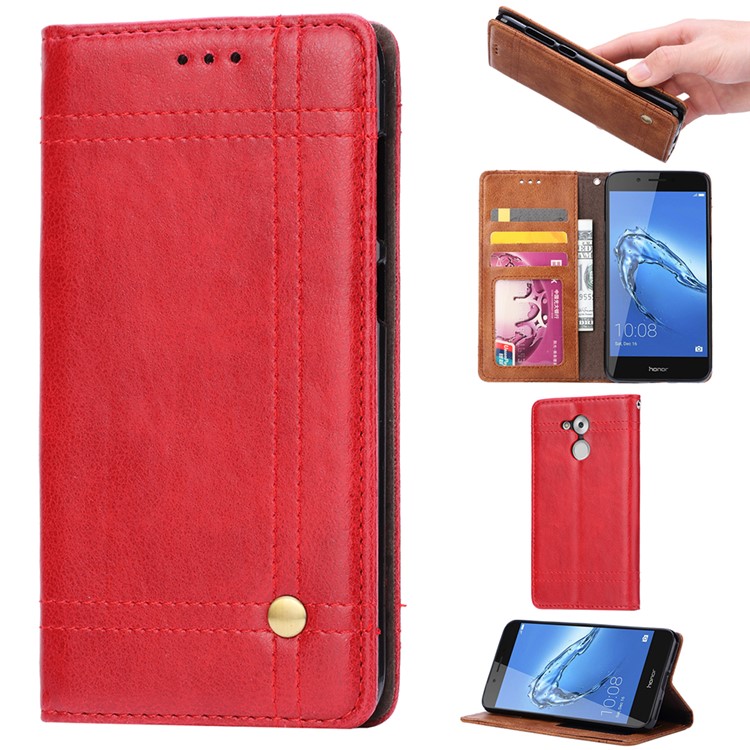 Vintage Leather Stitching Stand Wallet Phone Shell with Magnetic Adsorption for Huawei Honor 6C Pro/V9 Play - Red-1