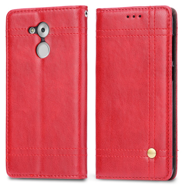 Vintage Leather Stitching Stand Wallet Phone Shell with Magnetic Adsorption for Huawei Honor 6C Pro/V9 Play - Red-2