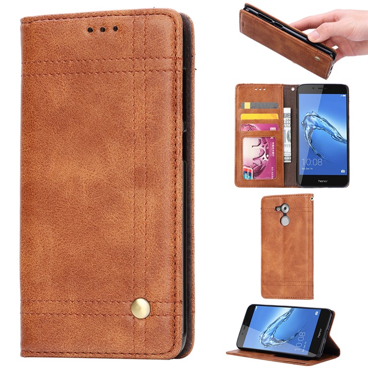 Vintage Leather Stitching Stand Wallet Phone Casing with Magnetic Adsorption for Huawei Honor 6C Pro/V9 Play - Brown-1