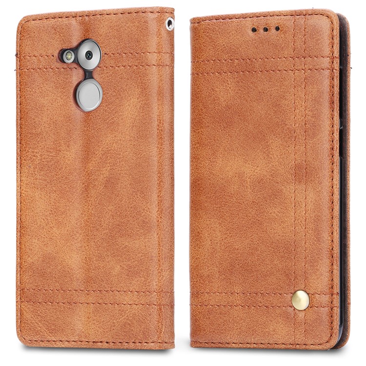 Vintage Leather Stitching Stand Wallet Phone Casing with Magnetic Adsorption for Huawei Honor 6C Pro/V9 Play - Brown-2