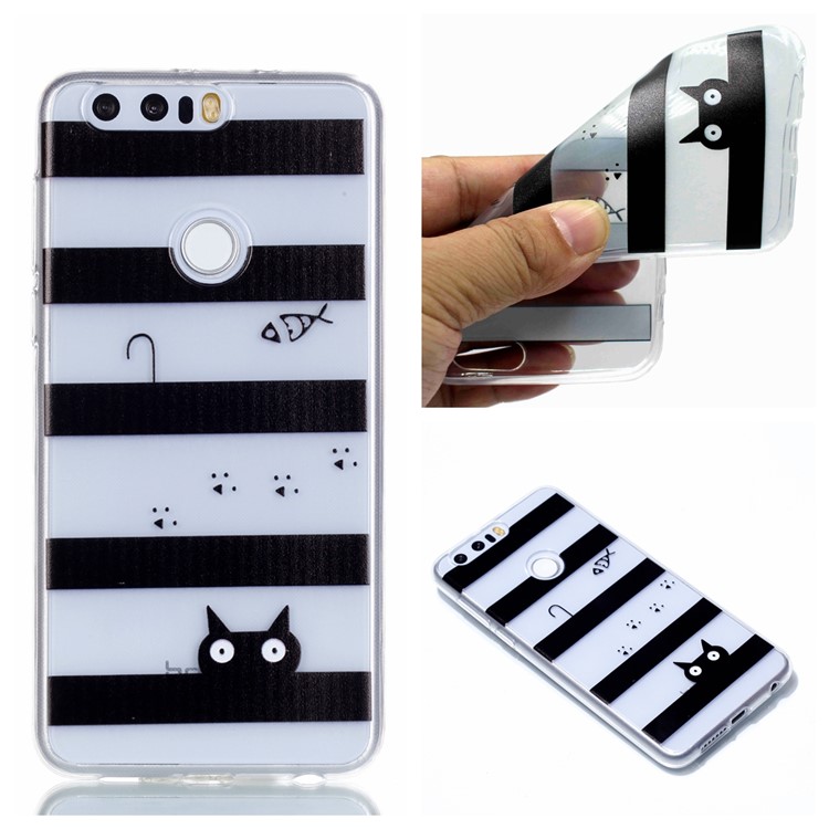 Pattern Printing Soft TPU Back Case Protector for Huawei Honor 8 - Stripes and Cat-1