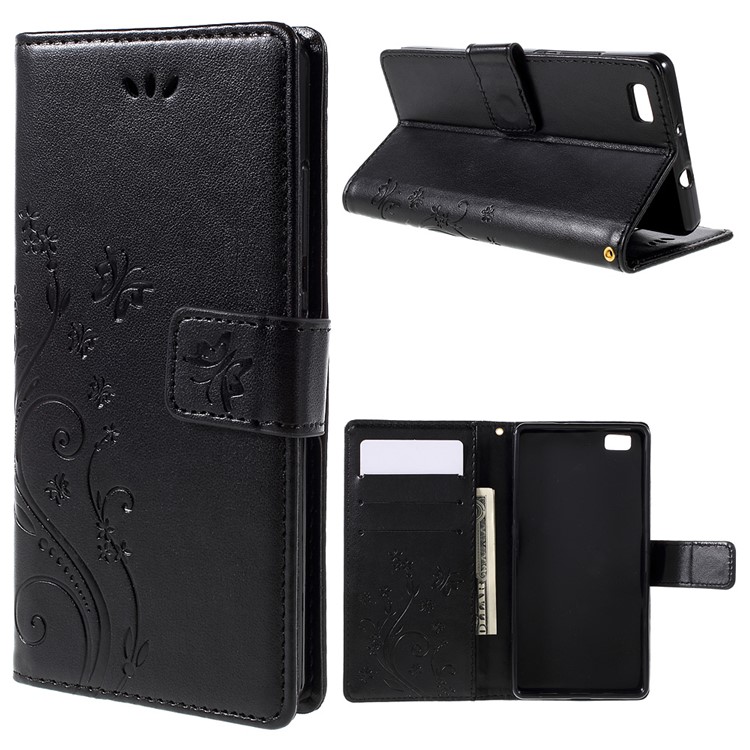 Butterfly Pattern Wallet Leather Stand Case for Huawei Ascend P8 Lite - Black-1