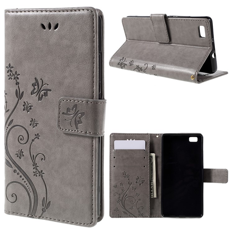 Butterfly Pattern Wallet Leather Stand Cover for Huawei Ascend P8 Lite - Grey-1