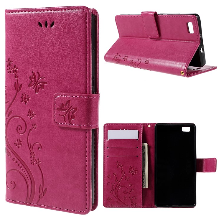 Butterfly Pattern Wallet Leather Stand Case Cover for Huawei Ascend P8 Lite - Rose-1