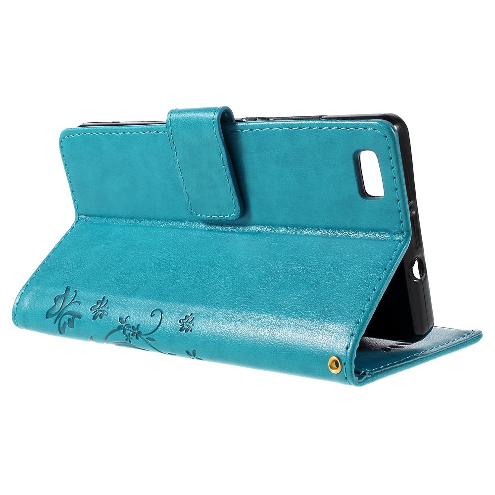 Cubierta de Caja de Cuero de Billetera de Patrones de Mariposa Para Huawei Ascend P8 Lite - Azul