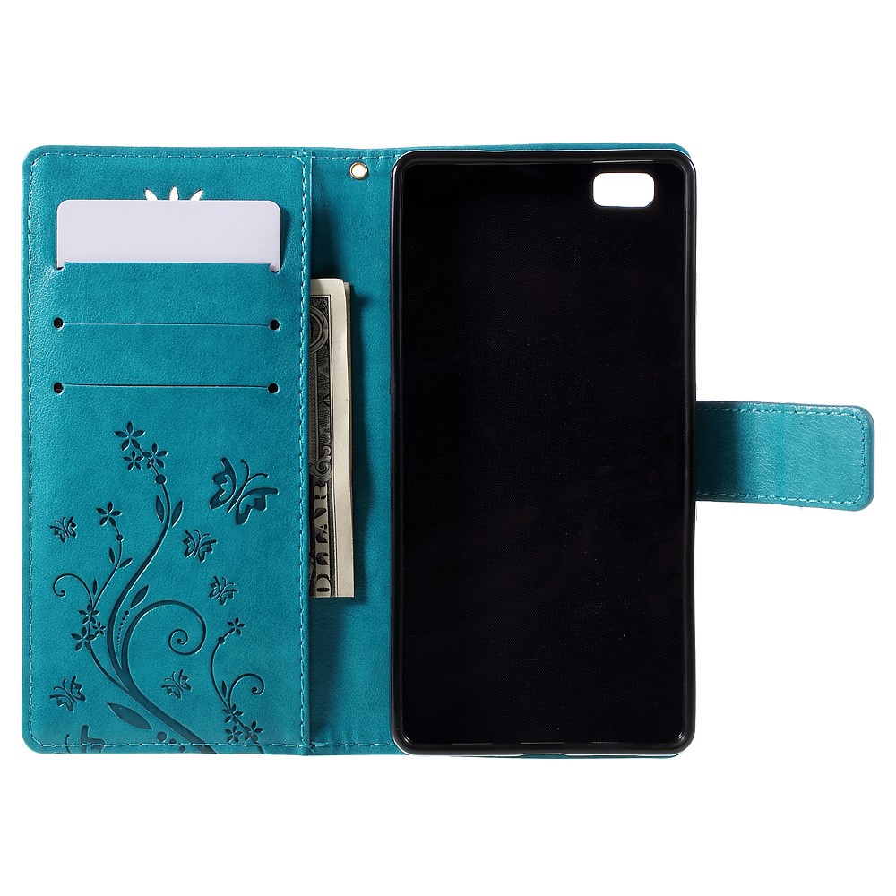 Portage de Papillon Portefeuille Couverture Courture de Cuir Pour Huawei Ascend P8 Lite - Bleu