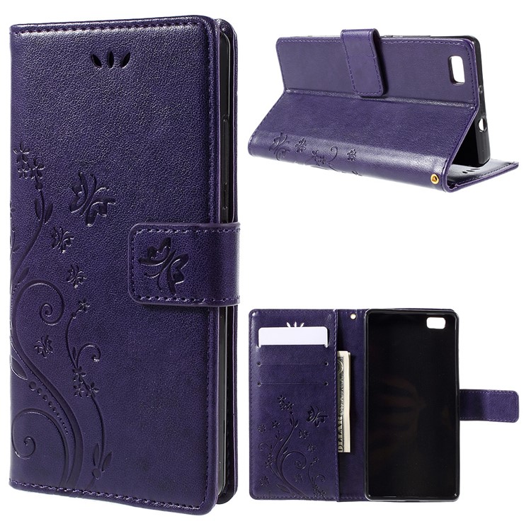 Butterfly Pattern Wallet Leather Phone Case for Huawei Ascend P8 Lite - Deep Purple-1