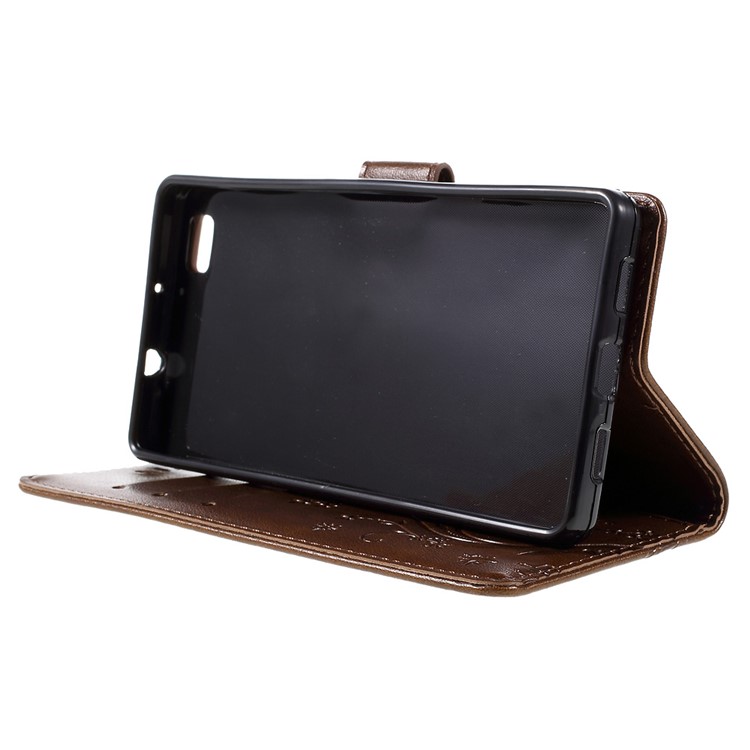 Motivo de borboleta Carteira PU Revestimento de couro para Stand Huawei Ascend P8 Lite - Castanho-4