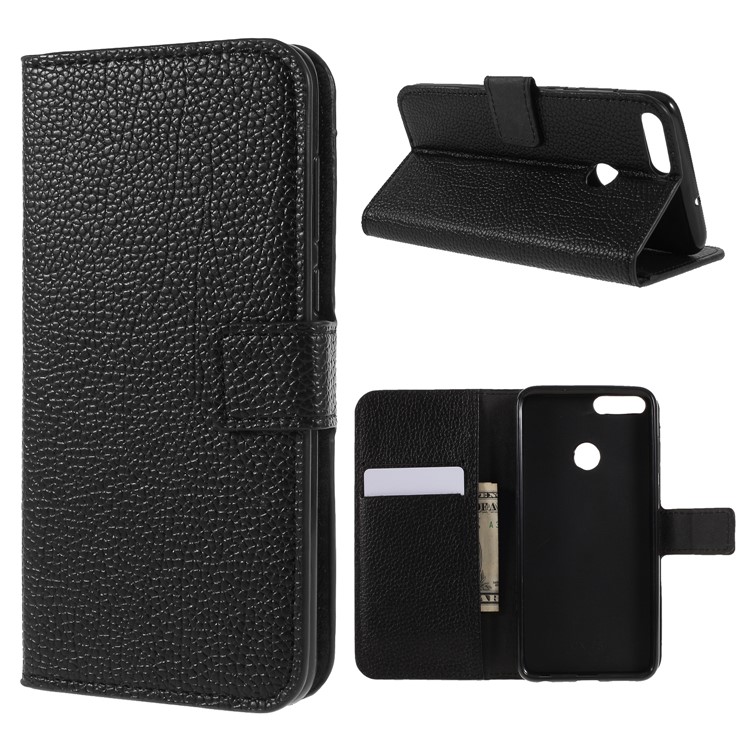 Litchi Skin Leather Wallet Case for Huawei P Smart / Enjoy 7S - Black-1
